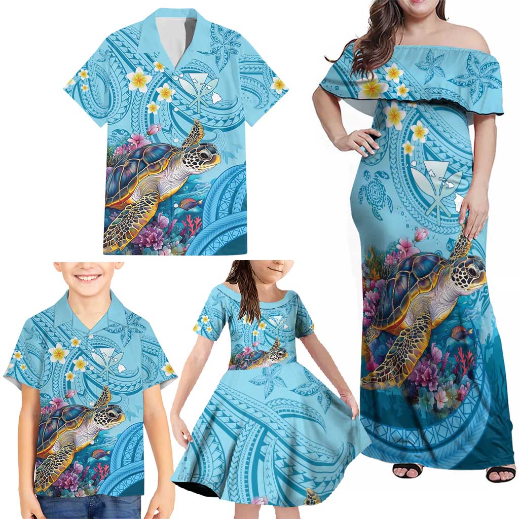 Personalized Hawaii Sea Turtle Family Matching Off Shoulder Maxi Dress and Hawaiian Shirt Hawaii Map Ocean Vibes LT01 - Polynesian Pride