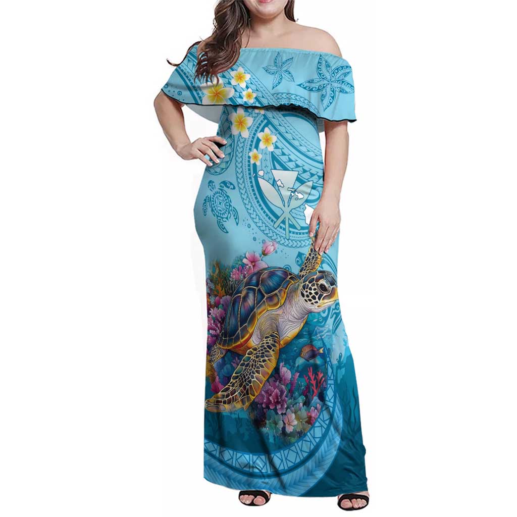Personalized Hawaii Sea Turtle Family Matching Off Shoulder Maxi Dress and Hawaiian Shirt Hawaii Map Ocean Vibes LT01 Mom's Dress Blue - Polynesian Pride