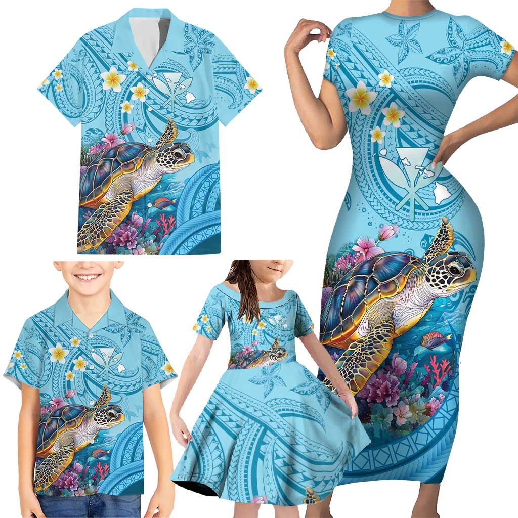 Personalized Hawaii Sea Turtle Family Matching Short Sleeve Bodycon Dress and Hawaiian Shirt Hawaii Map Ocean Vibes