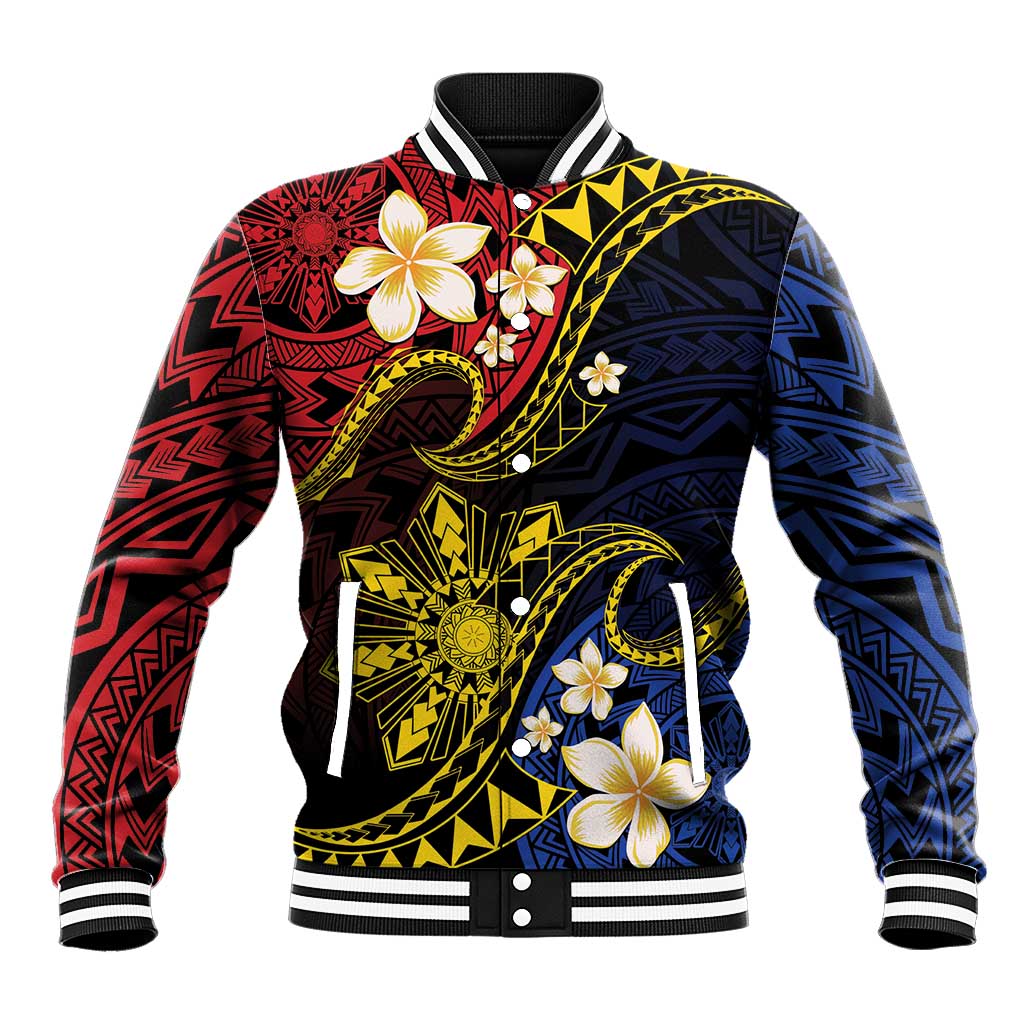 Philippines Spirit Tribal Sun Plumeria Baseball Jacket Red And Blue Polynesian Pattern LT01 Unisex Black - Polynesian Pride