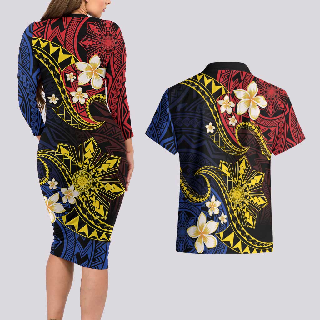 Philippines Spirit Tribal Sun Plumeria Couples Matching Long Sleeve Bodycon Dress and Hawaiian Shirt Red And Blue Polynesian Pattern LT01 - Polynesian Pride