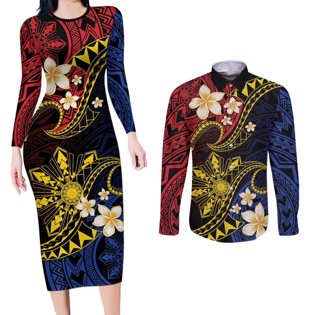 Philippines Spirit Tribal Sun Plumeria Couples Matching Long Sleeve Bodycon Dress and Long Sleeve Button Shirt Red And Blue Polynesian Pattern LT01 Black - Polynesian Pride