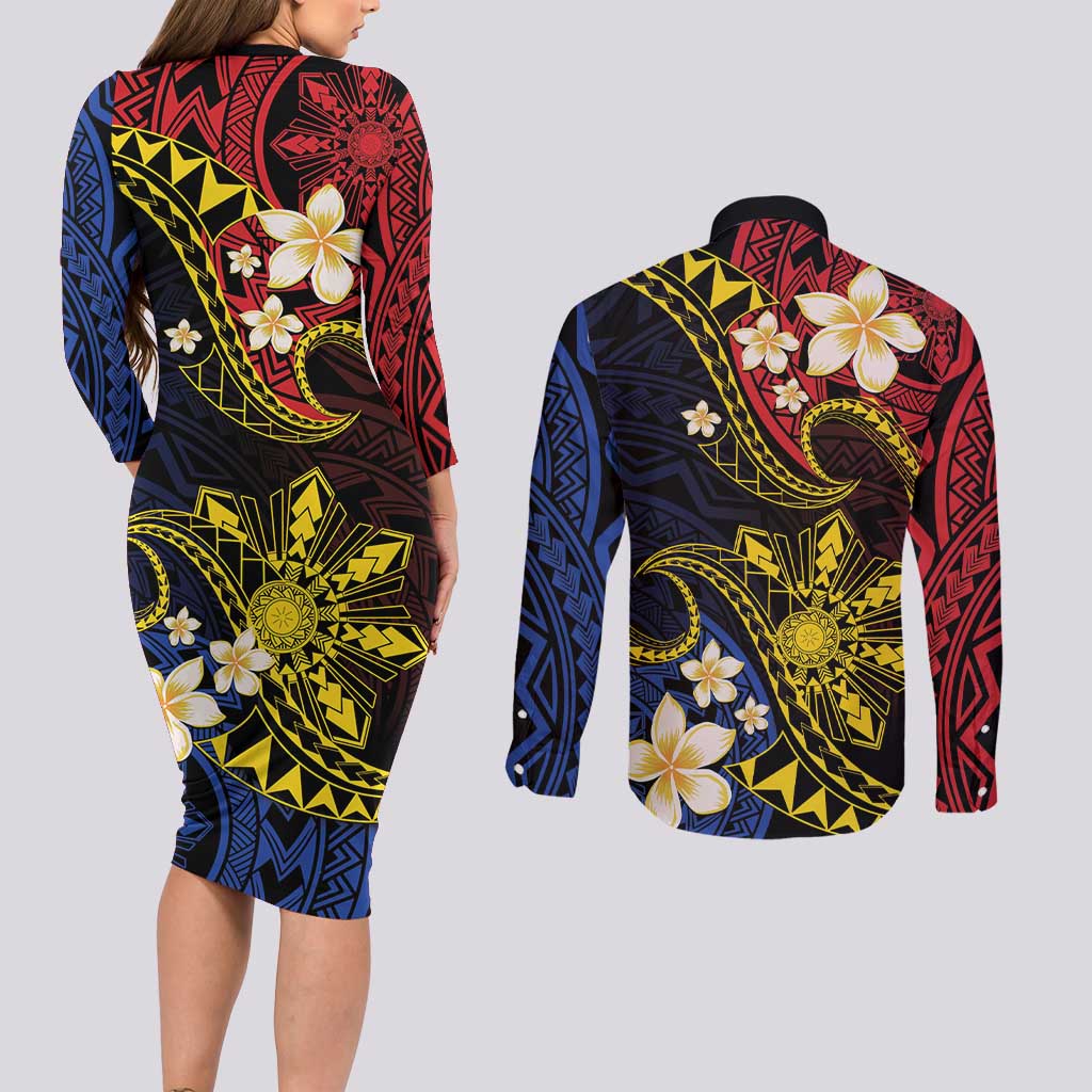 Philippines Spirit Tribal Sun Plumeria Couples Matching Long Sleeve Bodycon Dress and Long Sleeve Button Shirt Red And Blue Polynesian Pattern LT01 - Polynesian Pride