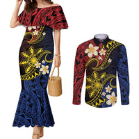 Philippines Spirit Tribal Sun Plumeria Couples Matching Mermaid Dress and Long Sleeve Button Shirt Red And Blue Polynesian Pattern LT01 Black - Polynesian Pride