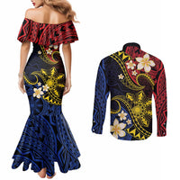 Philippines Spirit Tribal Sun Plumeria Couples Matching Mermaid Dress and Long Sleeve Button Shirt Red And Blue Polynesian Pattern LT01 - Polynesian Pride