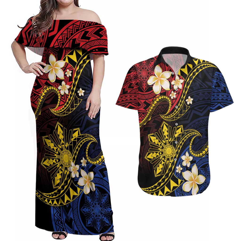 Philippines Spirit Tribal Sun Plumeria Couples Matching Off Shoulder Maxi Dress and Hawaiian Shirt Red And Blue Polynesian Pattern LT01 Black - Polynesian Pride