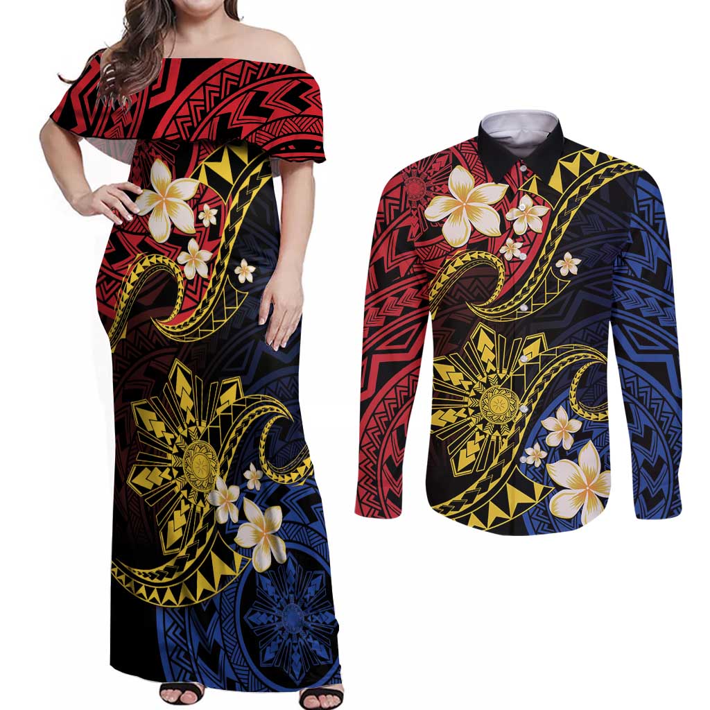 Philippines Spirit Tribal Sun Plumeria Couples Matching Off Shoulder Maxi Dress and Long Sleeve Button Shirt Red And Blue Polynesian Pattern LT01 Black - Polynesian Pride