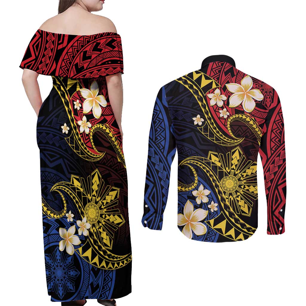 Philippines Spirit Tribal Sun Plumeria Couples Matching Off Shoulder Maxi Dress and Long Sleeve Button Shirt Red And Blue Polynesian Pattern LT01 - Polynesian Pride