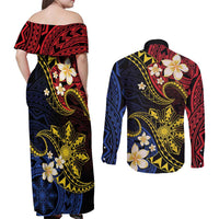 Philippines Spirit Tribal Sun Plumeria Couples Matching Off Shoulder Maxi Dress and Long Sleeve Button Shirt Red And Blue Polynesian Pattern LT01 - Polynesian Pride