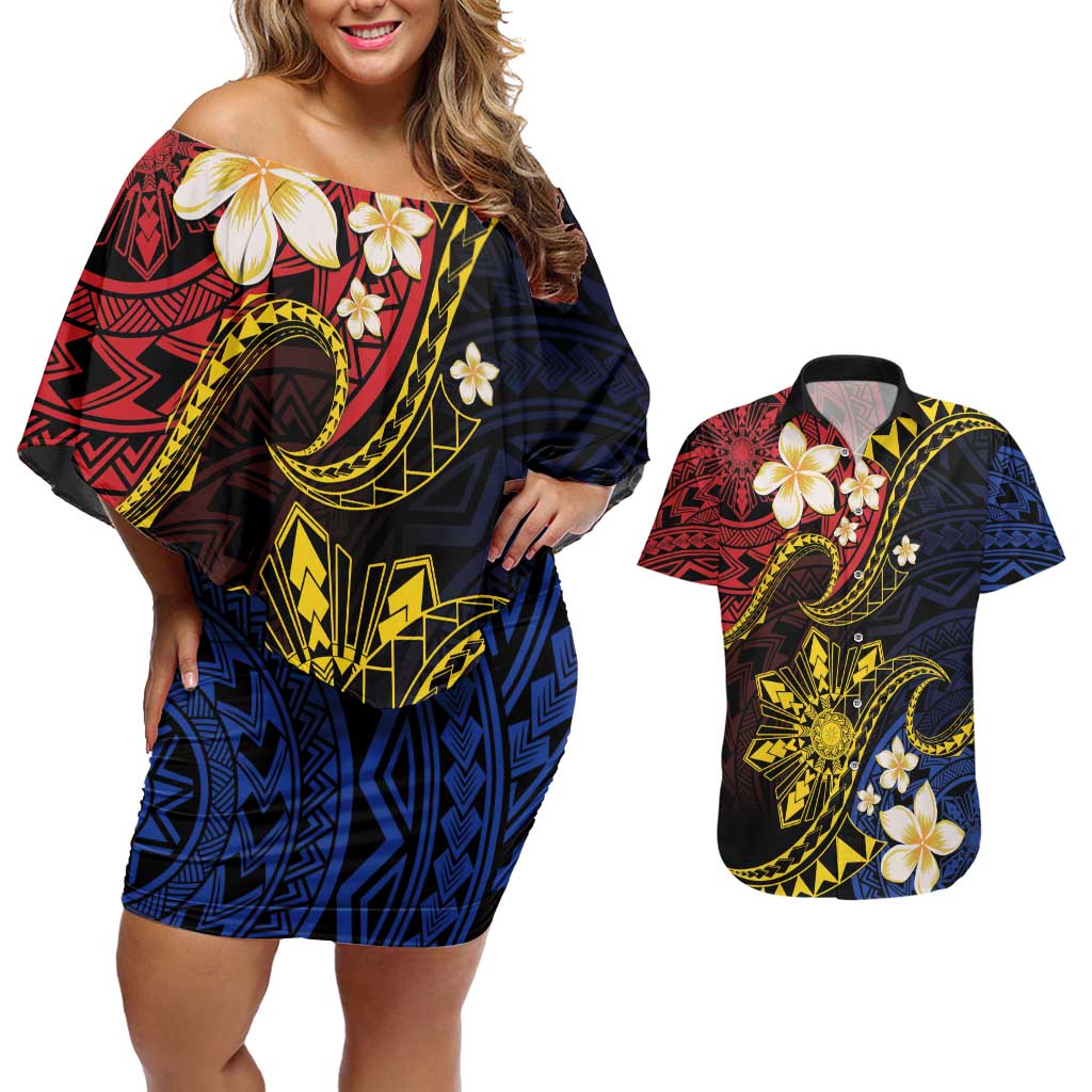 Philippines Spirit Tribal Sun Plumeria Couples Matching Off Shoulder Short Dress and Hawaiian Shirt Red And Blue Polynesian Pattern LT01 Black - Polynesian Pride