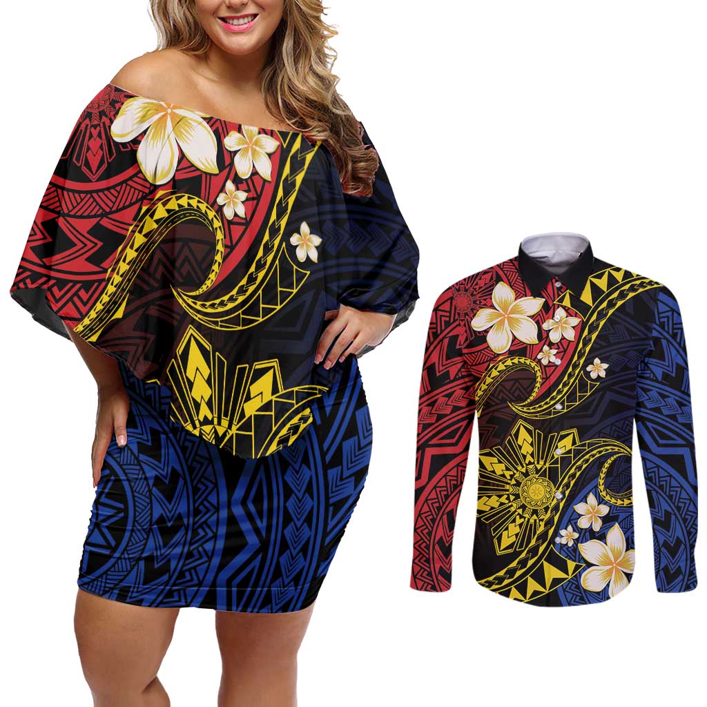 Philippines Spirit Tribal Sun Plumeria Couples Matching Off Shoulder Short Dress and Long Sleeve Button Shirt Red And Blue Polynesian Pattern LT01 Black - Polynesian Pride