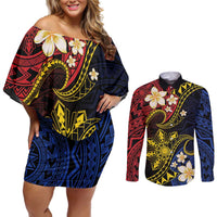 Philippines Spirit Tribal Sun Plumeria Couples Matching Off Shoulder Short Dress and Long Sleeve Button Shirt Red And Blue Polynesian Pattern LT01 Black - Polynesian Pride