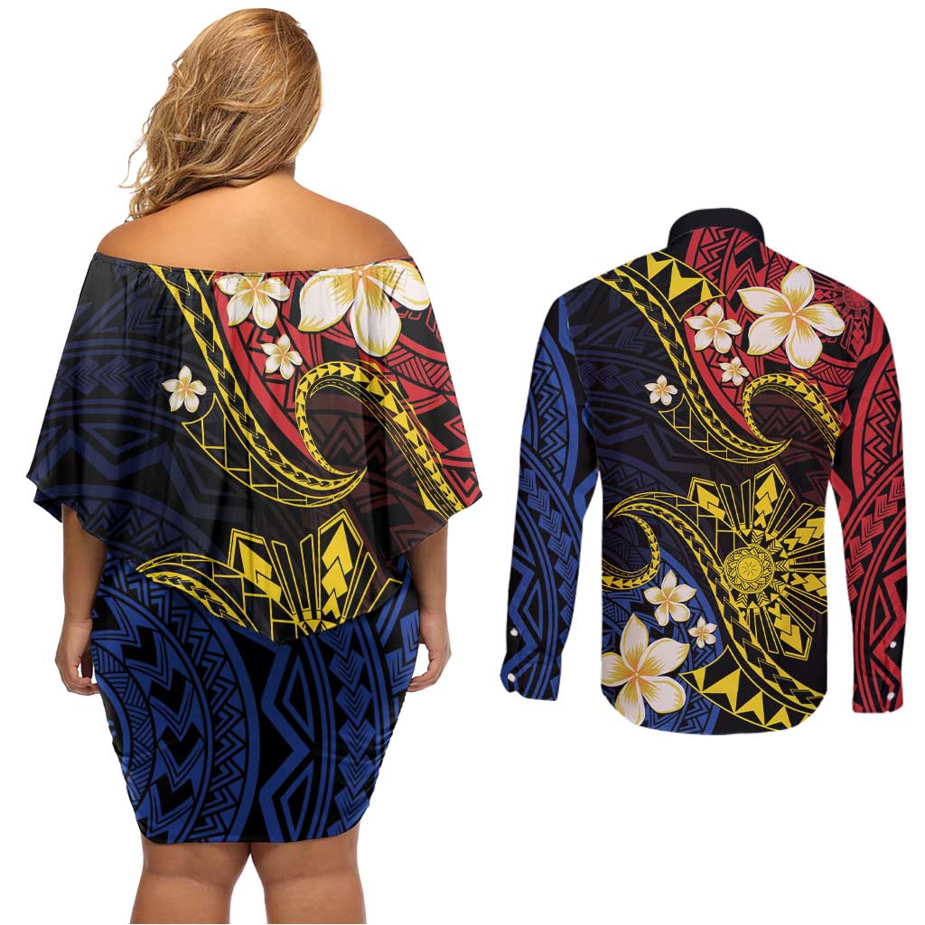 Philippines Spirit Tribal Sun Plumeria Couples Matching Off Shoulder Short Dress and Long Sleeve Button Shirt Red And Blue Polynesian Pattern LT01 - Polynesian Pride