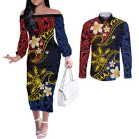Philippines Spirit Tribal Sun Plumeria Couples Matching Off The Shoulder Long Sleeve Dress and Long Sleeve Button Shirt Red And Blue Polynesian Pattern LT01 Black - Polynesian Pride