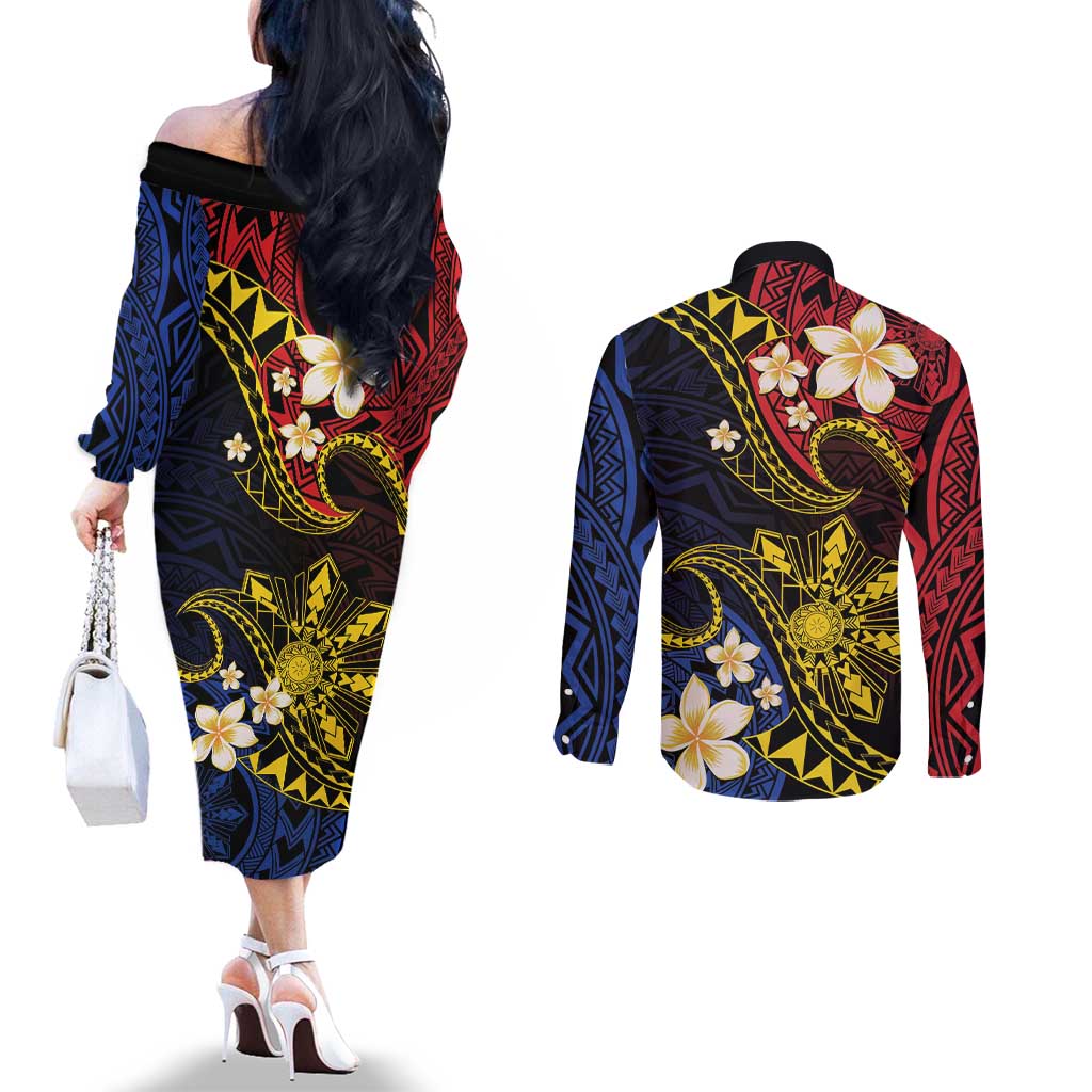 Philippines Spirit Tribal Sun Plumeria Couples Matching Off The Shoulder Long Sleeve Dress and Long Sleeve Button Shirt Red And Blue Polynesian Pattern LT01 - Polynesian Pride