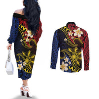 Philippines Spirit Tribal Sun Plumeria Couples Matching Off The Shoulder Long Sleeve Dress and Long Sleeve Button Shirt Red And Blue Polynesian Pattern LT01 - Polynesian Pride