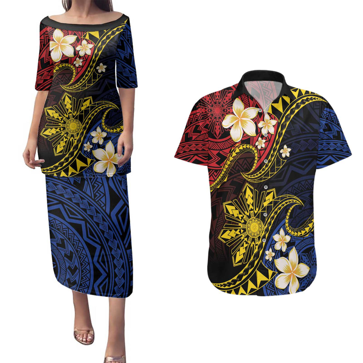 Philippines Spirit Tribal Sun Plumeria Couples Matching Puletasi and Hawaiian Shirt Red And Blue Polynesian Pattern LT01 Black - Polynesian Pride