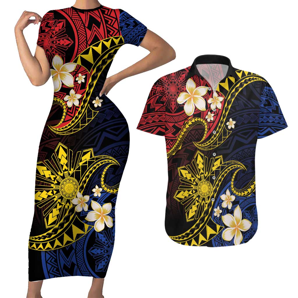 Philippines Spirit Tribal Sun Plumeria Couples Matching Short Sleeve Bodycon Dress and Hawaiian Shirt Red And Blue Polynesian Pattern LT01 Black - Polynesian Pride