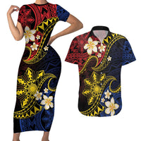 Philippines Spirit Tribal Sun Plumeria Couples Matching Short Sleeve Bodycon Dress and Hawaiian Shirt Red And Blue Polynesian Pattern LT01 Black - Polynesian Pride