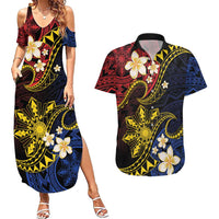 Philippines Spirit Tribal Sun Plumeria Couples Matching Summer Maxi Dress and Hawaiian Shirt Red And Blue Polynesian Pattern LT01 Black - Polynesian Pride