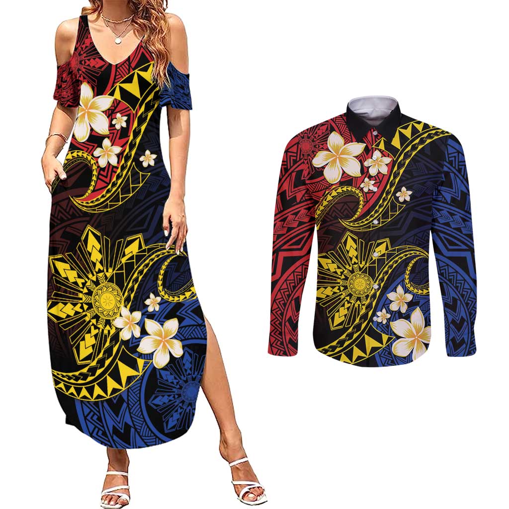 Philippines Spirit Tribal Sun Plumeria Couples Matching Summer Maxi Dress and Long Sleeve Button Shirt Red And Blue Polynesian Pattern LT01 Black - Polynesian Pride
