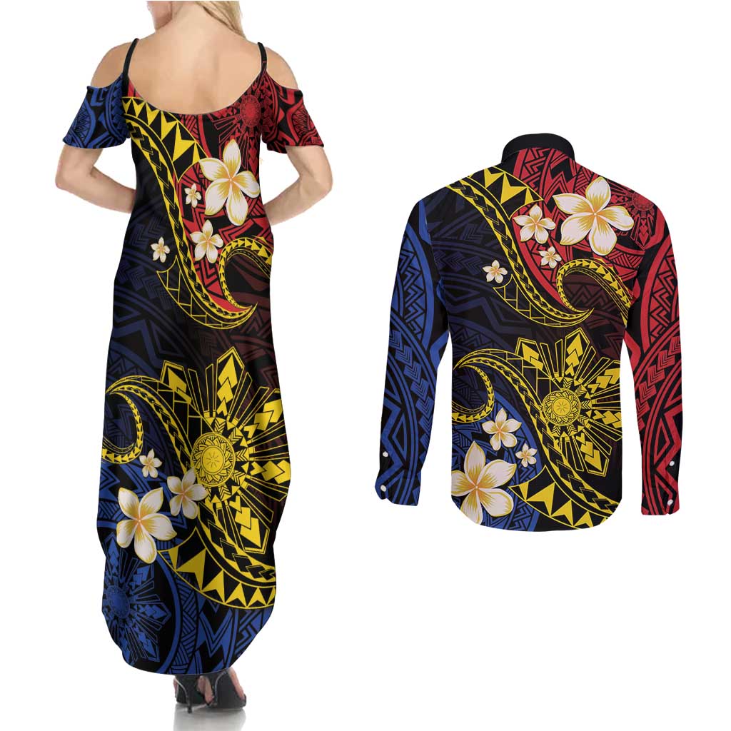 Philippines Spirit Tribal Sun Plumeria Couples Matching Summer Maxi Dress and Long Sleeve Button Shirt Red And Blue Polynesian Pattern LT01 - Polynesian Pride