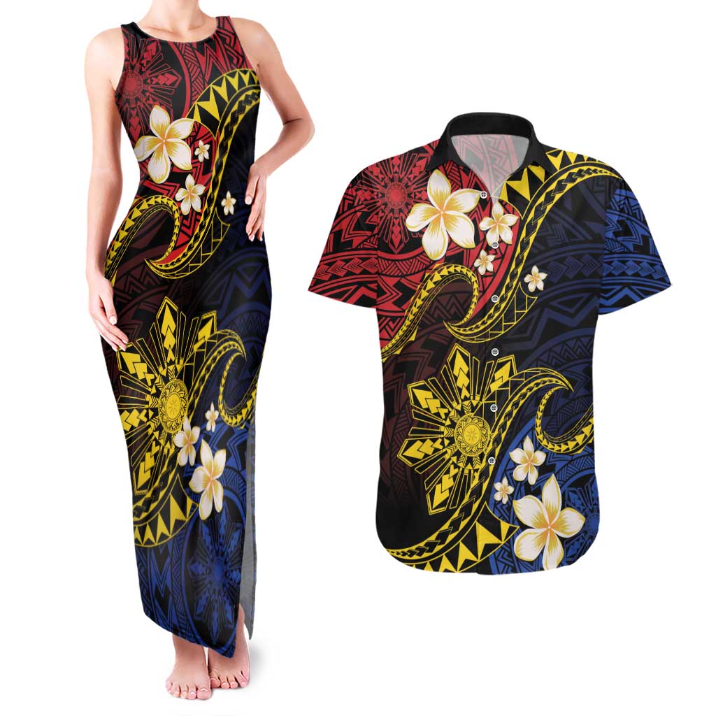 Philippines Spirit Tribal Sun Plumeria Couples Matching Tank Maxi Dress and Hawaiian Shirt Red And Blue Polynesian Pattern LT01 Black - Polynesian Pride