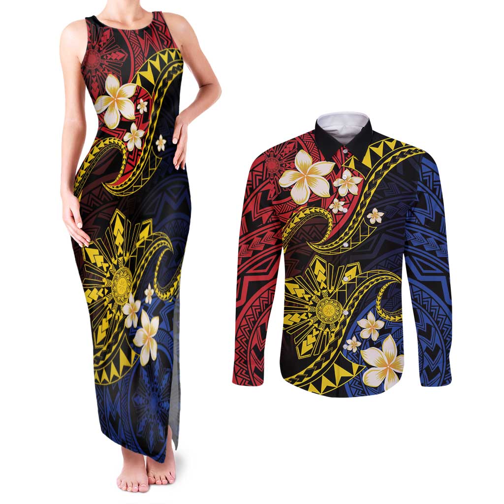 Philippines Spirit Tribal Sun Plumeria Couples Matching Tank Maxi Dress and Long Sleeve Button Shirt Red And Blue Polynesian Pattern LT01 Black - Polynesian Pride