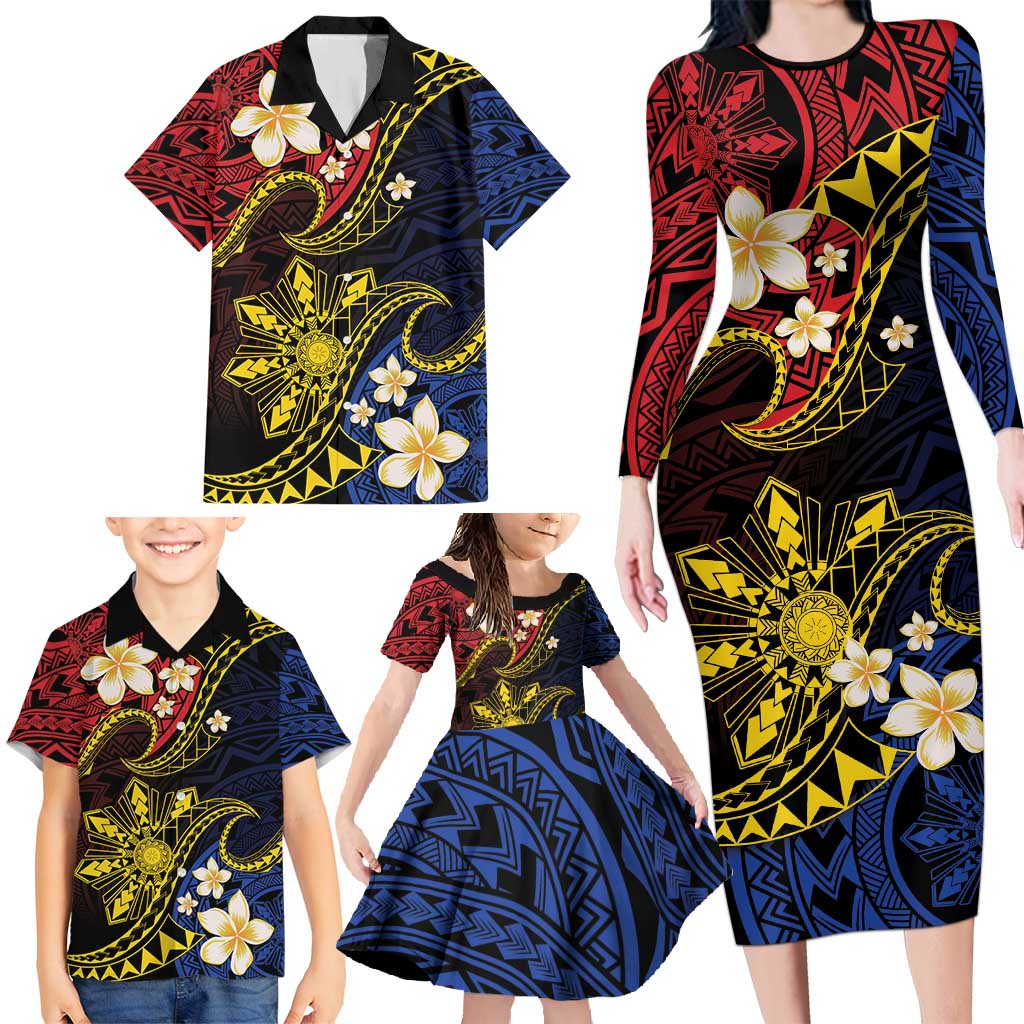 Philippines Spirit Tribal Sun Plumeria Family Matching Long Sleeve Bodycon Dress and Hawaiian Shirt Red And Blue Polynesian Pattern LT01 - Polynesian Pride