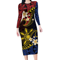 Philippines Spirit Tribal Sun Plumeria Family Matching Long Sleeve Bodycon Dress and Hawaiian Shirt Red And Blue Polynesian Pattern LT01 Mom's Dress Black - Polynesian Pride