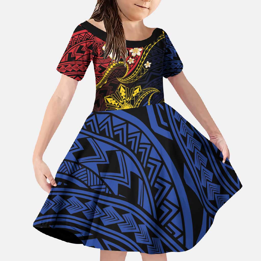Philippines Spirit Tribal Sun Plumeria Family Matching Mermaid Dress and Hawaiian Shirt Red And Blue Polynesian Pattern LT01 Daughter's Dress Black - Polynesian Pride
