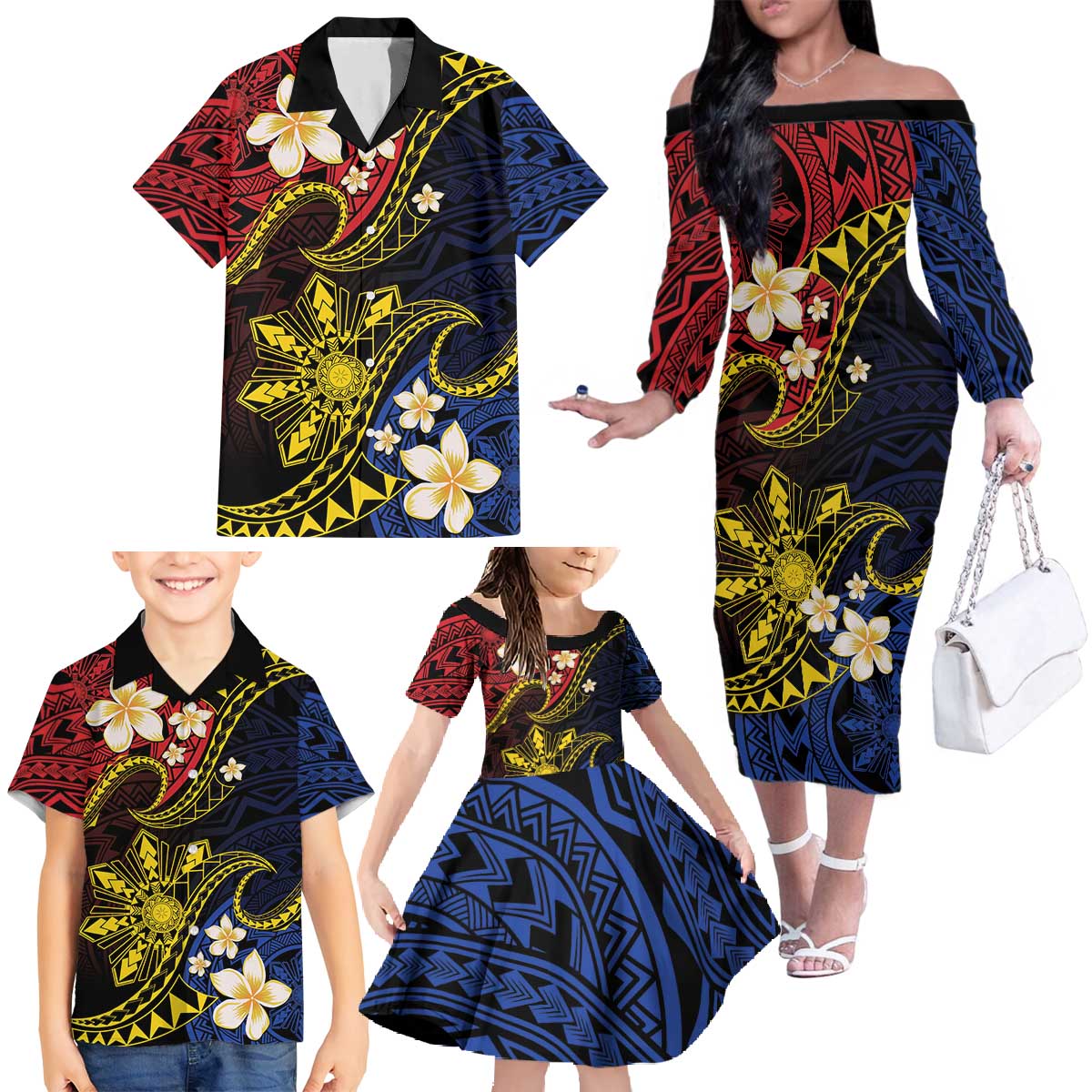 Philippines Spirit Tribal Sun Plumeria Family Matching Off The Shoulder Long Sleeve Dress and Hawaiian Shirt Red And Blue Polynesian Pattern LT01 - Polynesian Pride