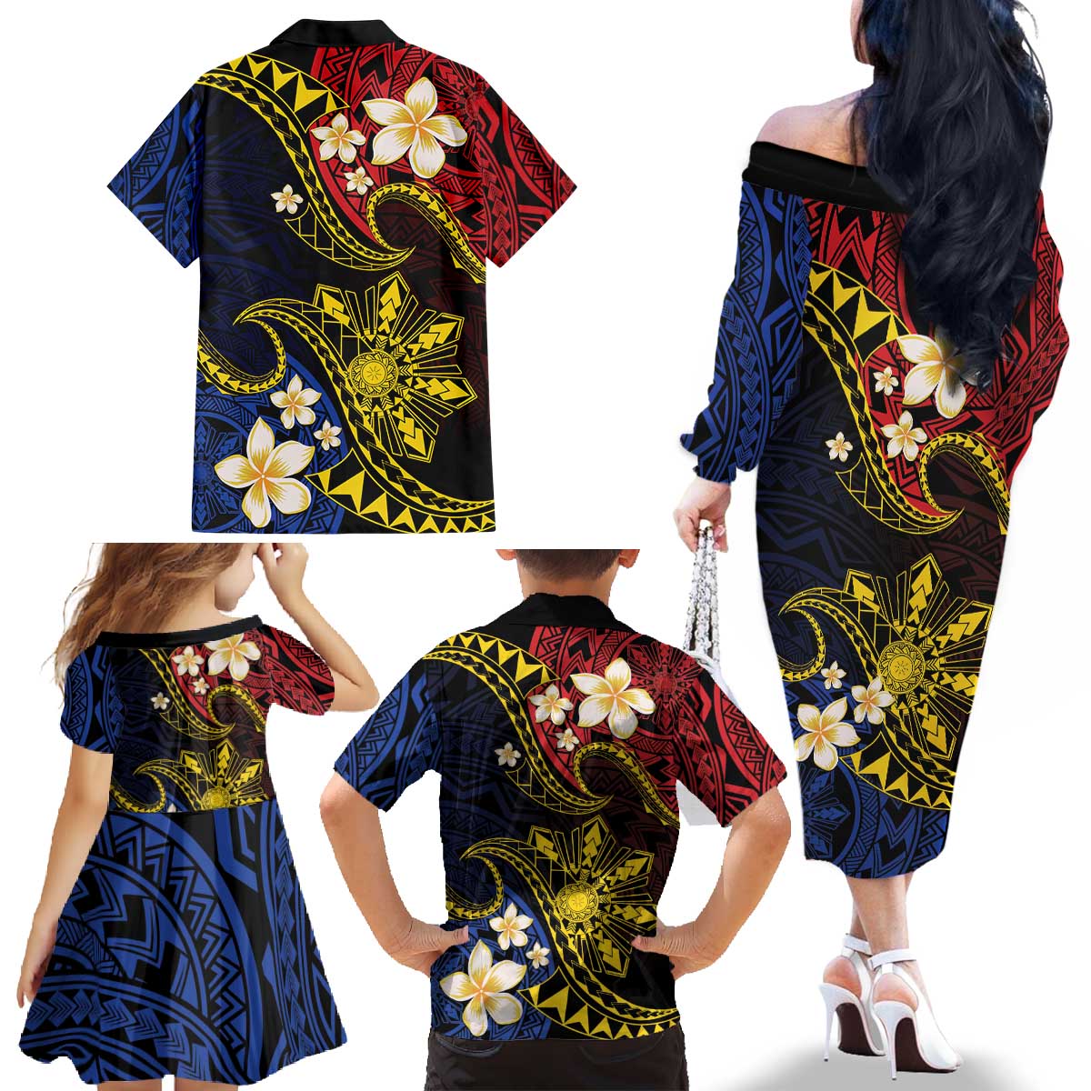 Philippines Spirit Tribal Sun Plumeria Family Matching Off The Shoulder Long Sleeve Dress and Hawaiian Shirt Red And Blue Polynesian Pattern LT01 - Polynesian Pride