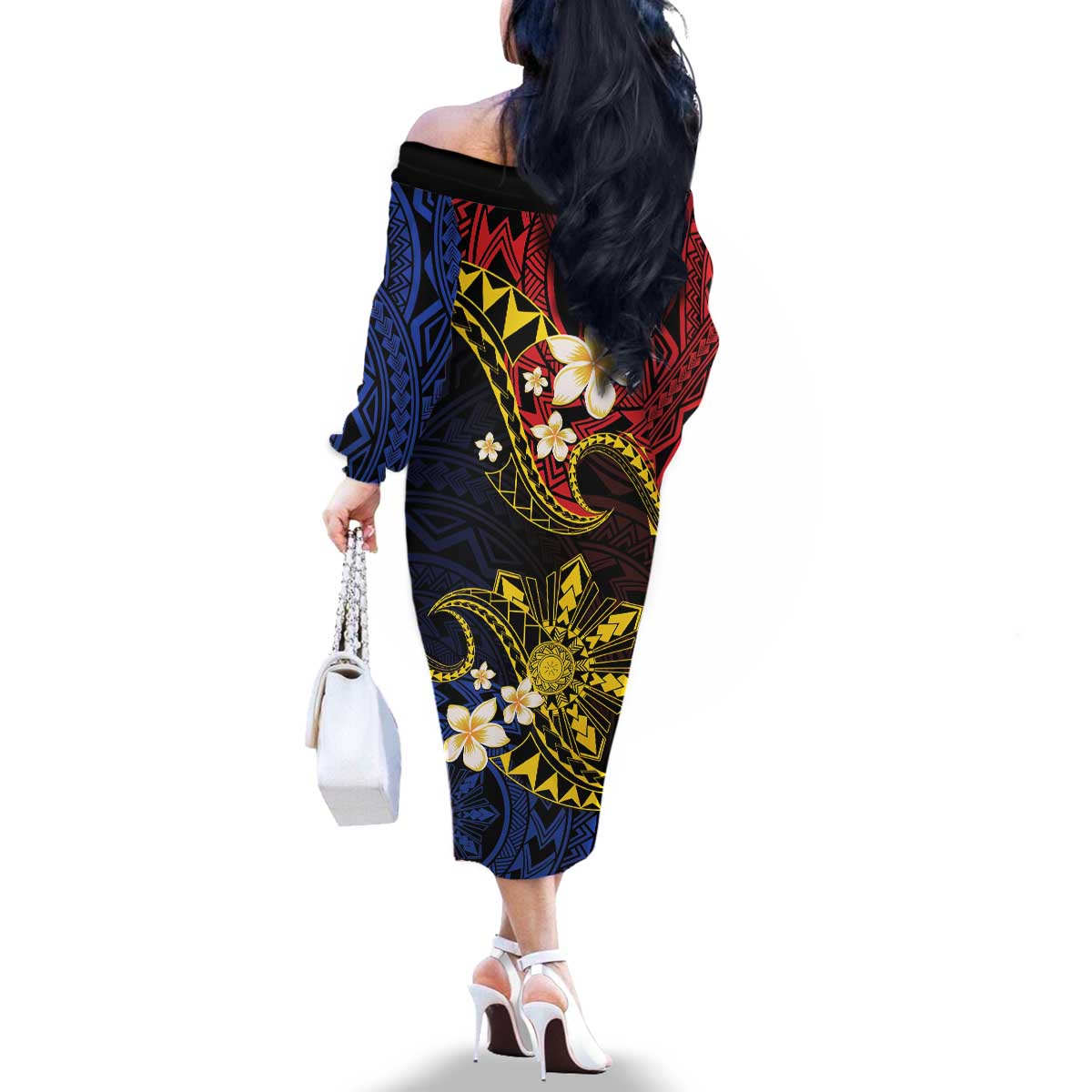 Philippines Spirit Tribal Sun Plumeria Family Matching Off The Shoulder Long Sleeve Dress and Hawaiian Shirt Red And Blue Polynesian Pattern LT01 - Polynesian Pride