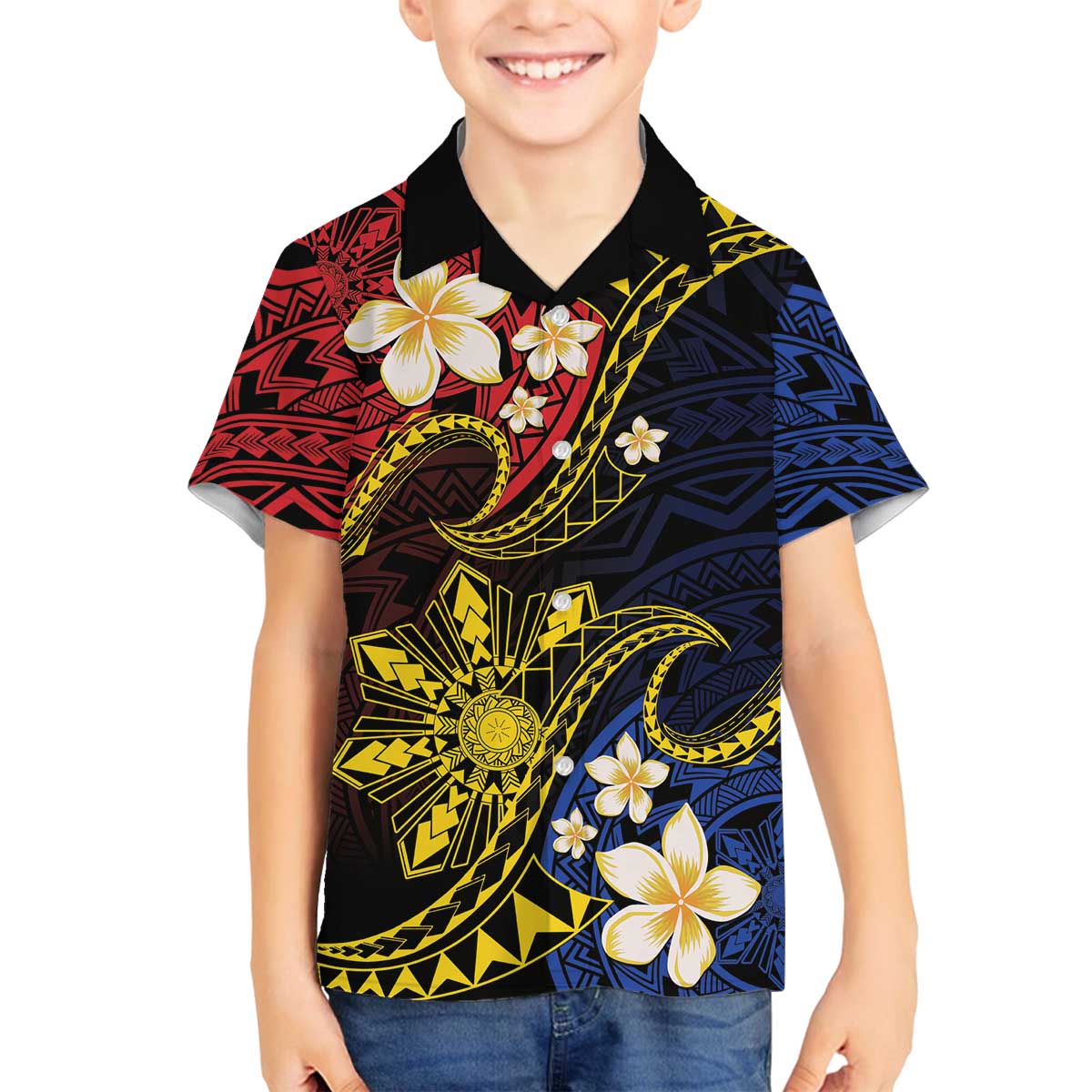 Philippines Spirit Tribal Sun Plumeria Family Matching Off The Shoulder Long Sleeve Dress and Hawaiian Shirt Red And Blue Polynesian Pattern LT01 Son's Shirt Black - Polynesian Pride