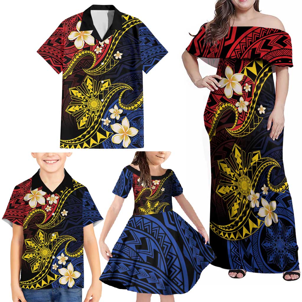 Philippines Spirit Tribal Sun Plumeria Family Matching Off Shoulder Maxi Dress and Hawaiian Shirt Red And Blue Polynesian Pattern LT01 - Polynesian Pride