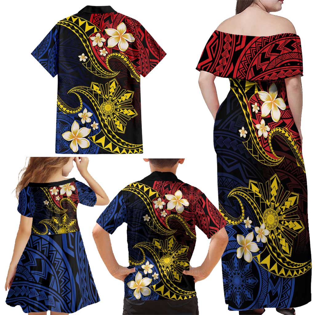 Philippines Spirit Tribal Sun Plumeria Family Matching Off Shoulder Maxi Dress and Hawaiian Shirt Red And Blue Polynesian Pattern LT01 - Polynesian Pride