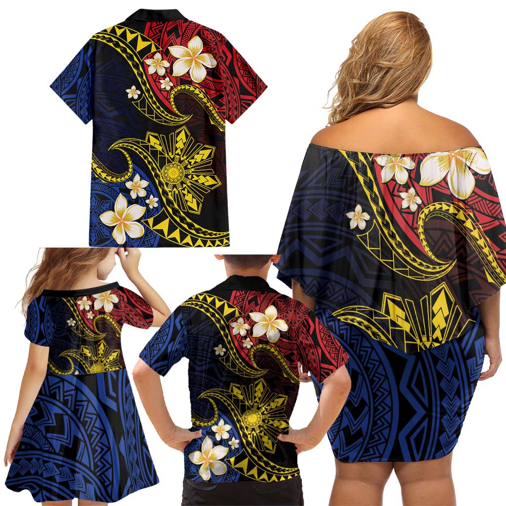 Philippines Spirit Tribal Sun Plumeria Family Matching Off Shoulder Short Dress and Hawaiian Shirt Red And Blue Polynesian Pattern LT01 - Polynesian Pride