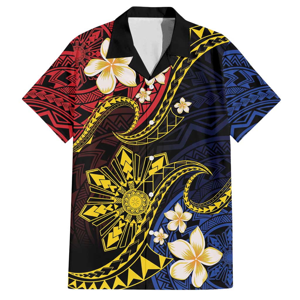 Philippines Spirit Tribal Sun Plumeria Family Matching Off Shoulder Short Dress and Hawaiian Shirt Red And Blue Polynesian Pattern LT01 Dad's Shirt - Short Sleeve Black - Polynesian Pride
