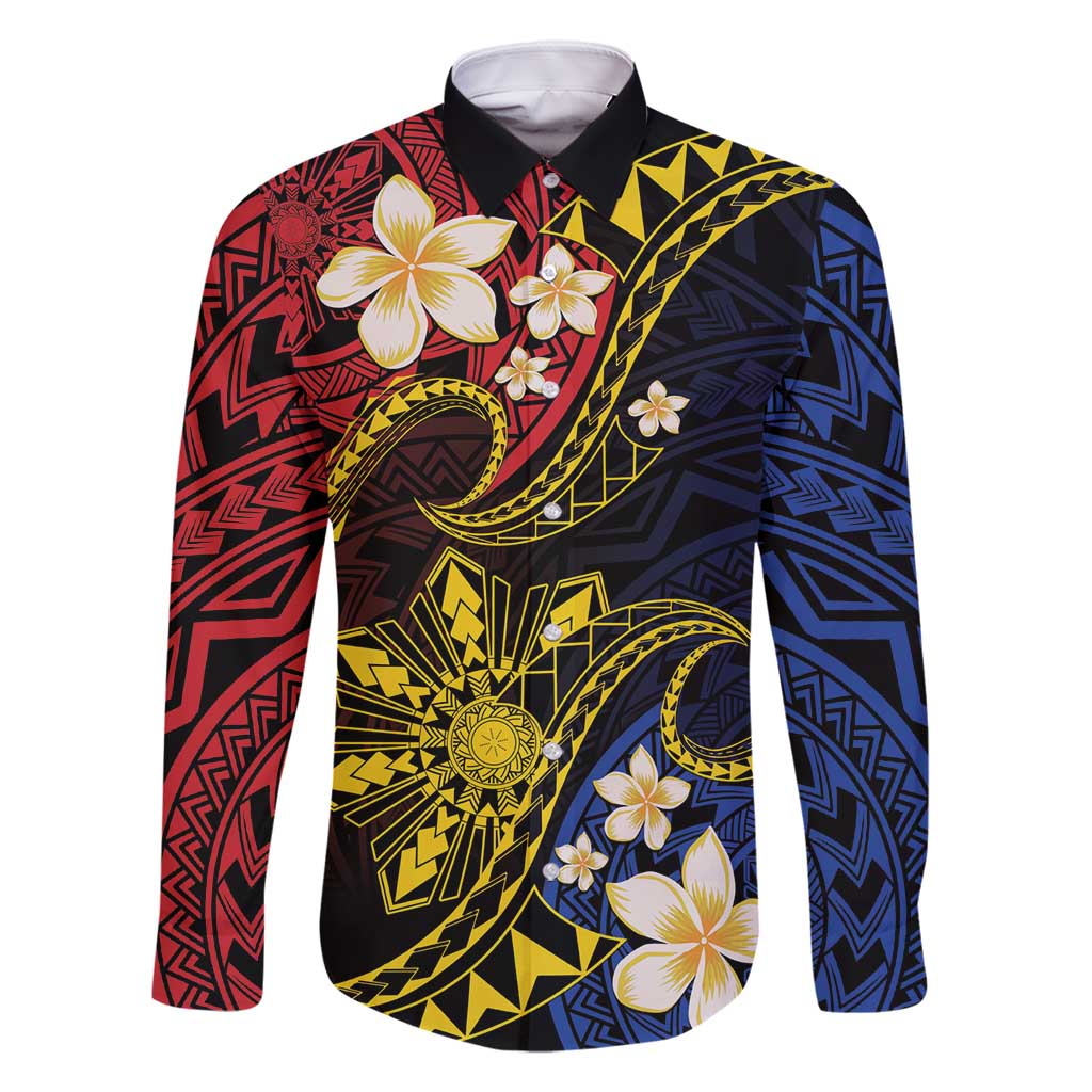 Philippines Spirit Tribal Sun Plumeria Family Matching Off Shoulder Short Dress and Hawaiian Shirt Red And Blue Polynesian Pattern LT01 Dad's Shirt - Long Sleeve Black - Polynesian Pride