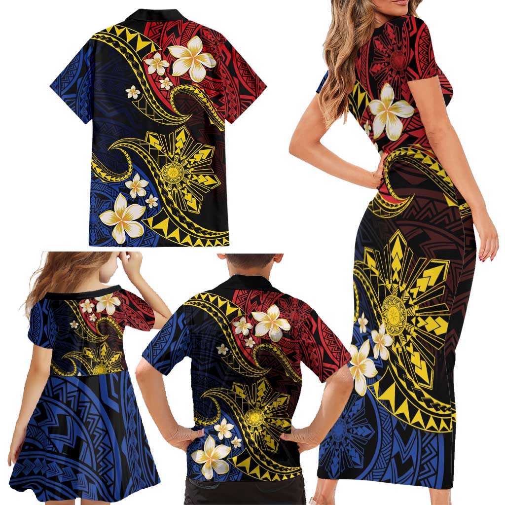 Philippines Spirit Tribal Sun Plumeria Family Matching Short Sleeve Bodycon Dress and Hawaiian Shirt Red And Blue Polynesian Pattern LT01 - Polynesian Pride