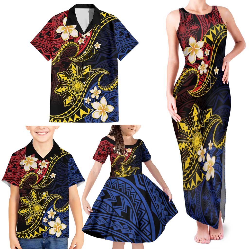 Philippines Spirit Tribal Sun Plumeria Family Matching Tank Maxi Dress and Hawaiian Shirt Red And Blue Polynesian Pattern LT01 - Polynesian Pride