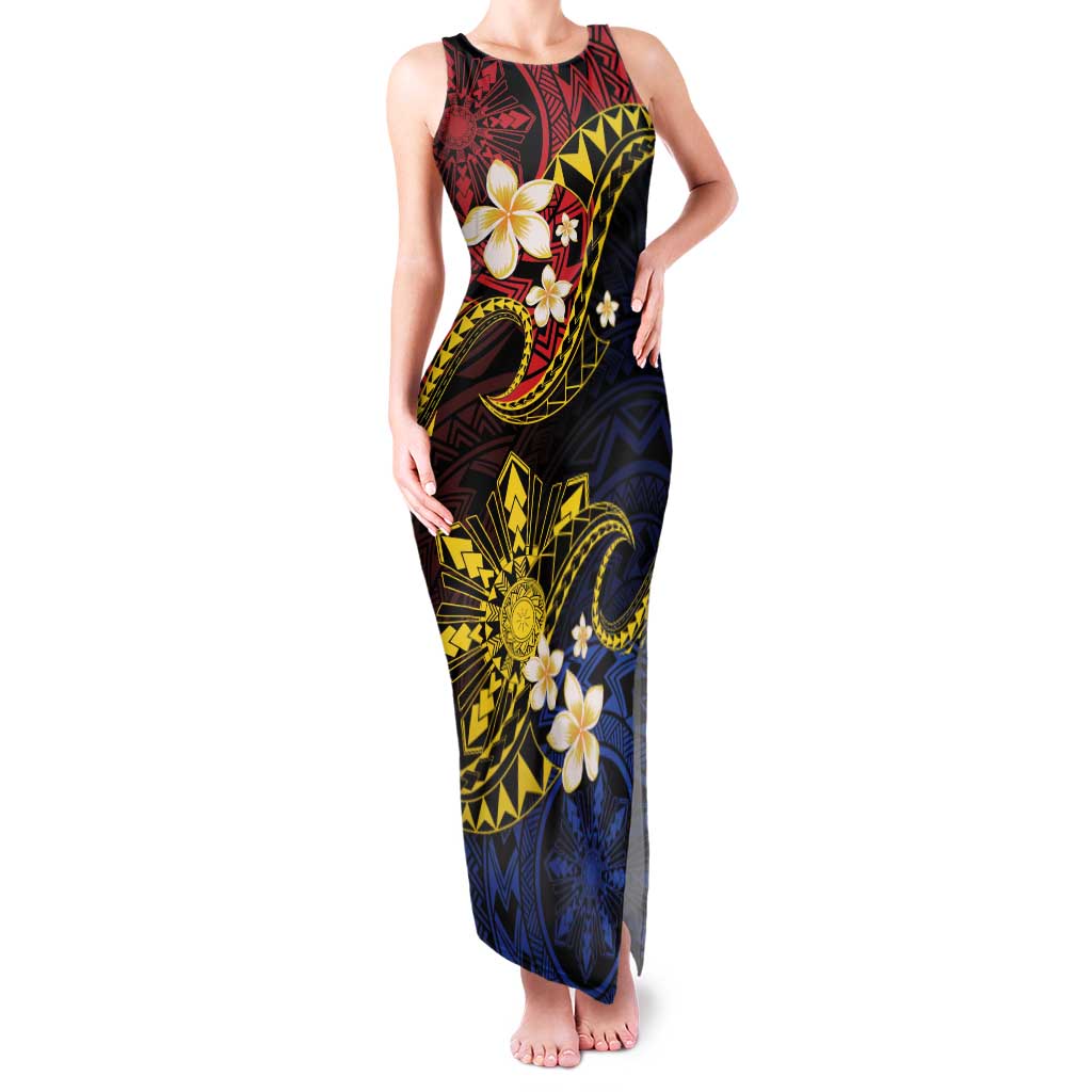 Philippines Spirit Tribal Sun Plumeria Family Matching Tank Maxi Dress and Hawaiian Shirt Red And Blue Polynesian Pattern LT01 Mom's Dress Black - Polynesian Pride