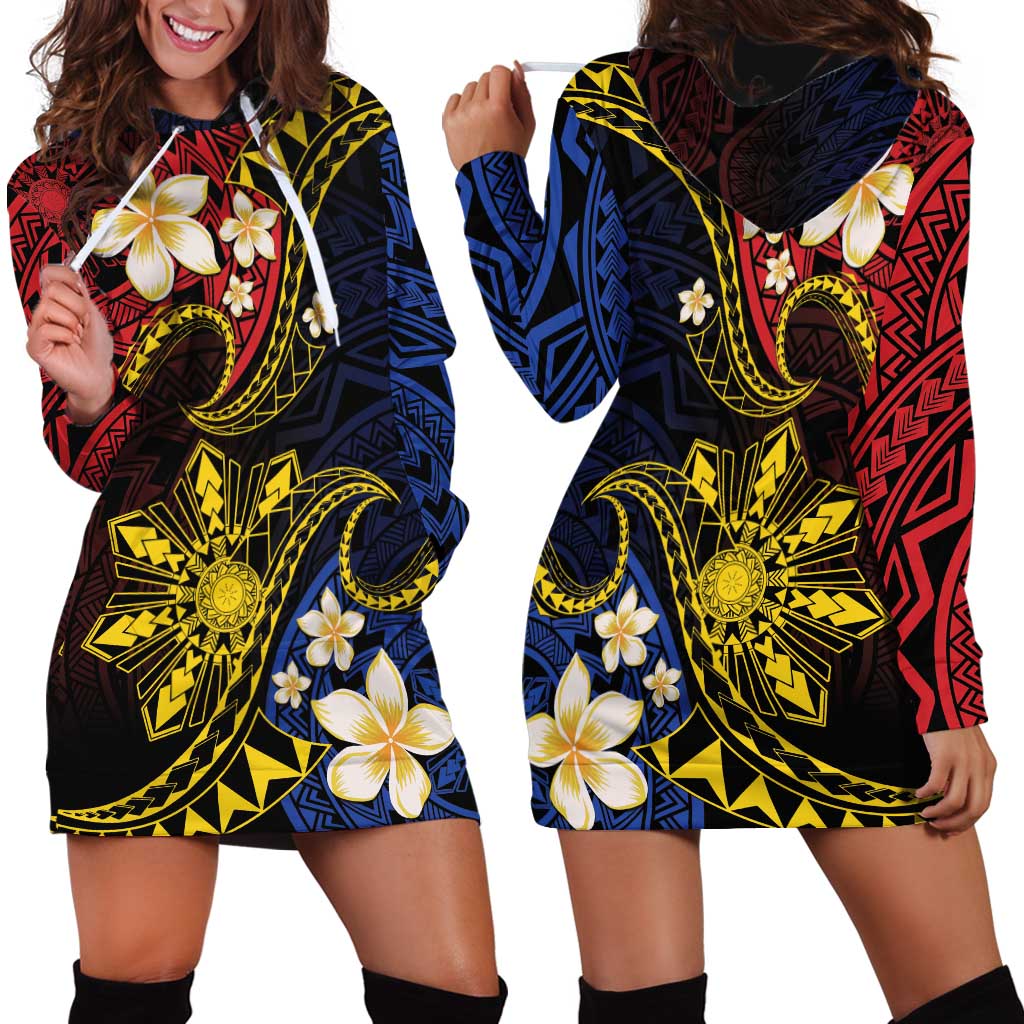 Philippines Spirit Tribal Sun Plumeria Hoodie Dress Red And Blue Polynesian Pattern LT01 - Polynesian Pride