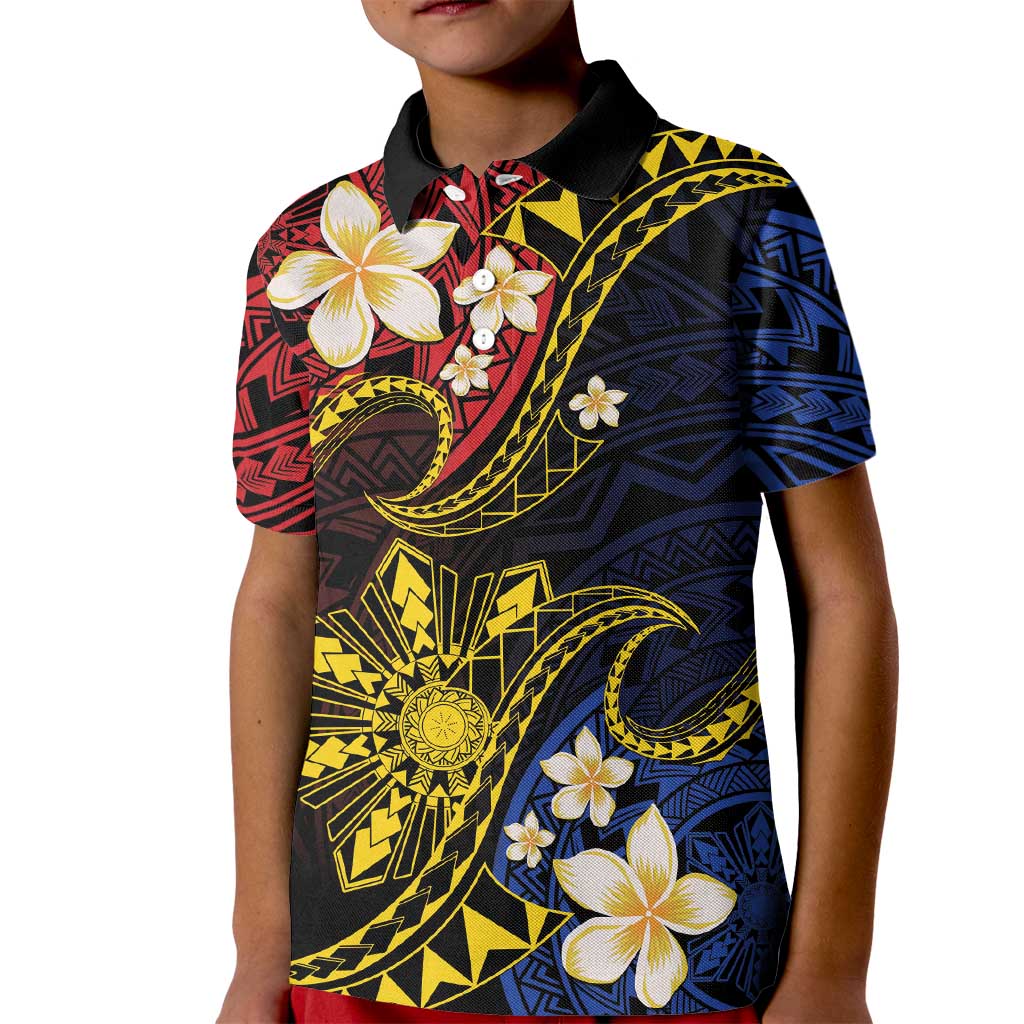 Philippines Spirit Tribal Sun Plumeria Kid Polo Shirt Red And Blue Polynesian Pattern LT01 Kid Black - Polynesian Pride