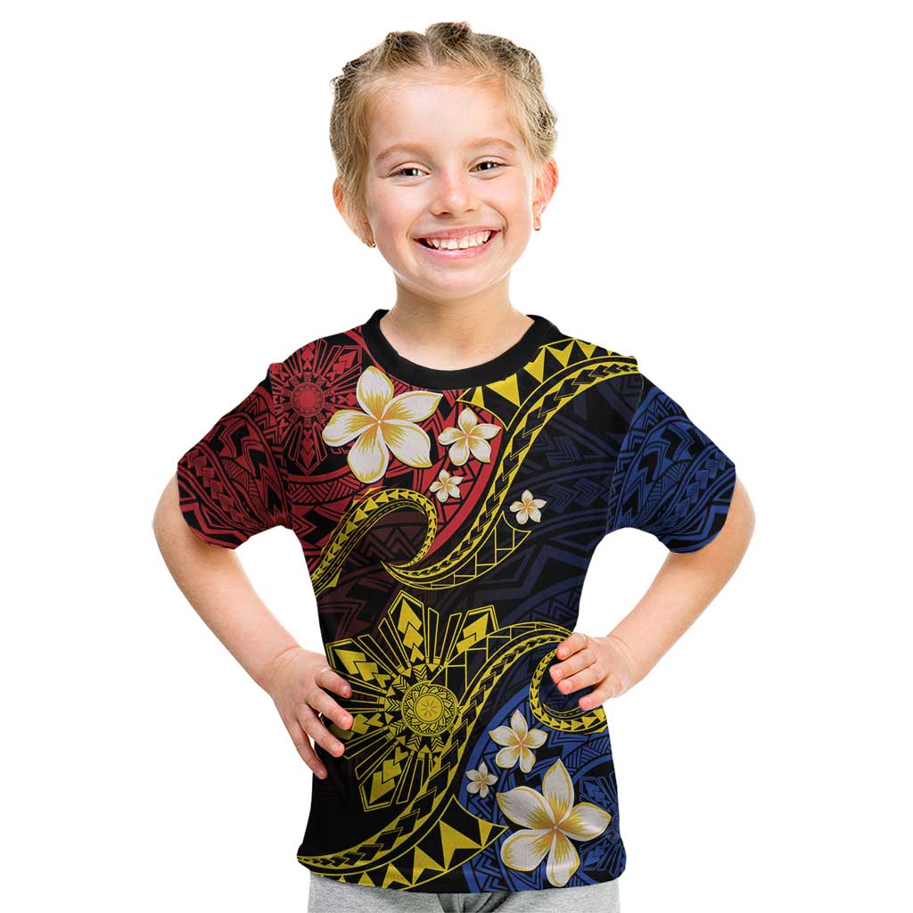 Philippines Spirit Tribal Sun Plumeria Kid T Shirt Red And Blue Polynesian Pattern LT01 Black - Polynesian Pride