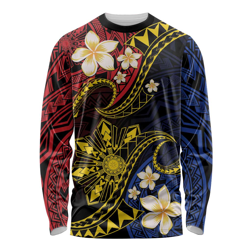 Philippines Spirit Tribal Sun Plumeria Long Sleeve Shirt Red And Blue Polynesian Pattern LT01 Unisex Black - Polynesian Pride