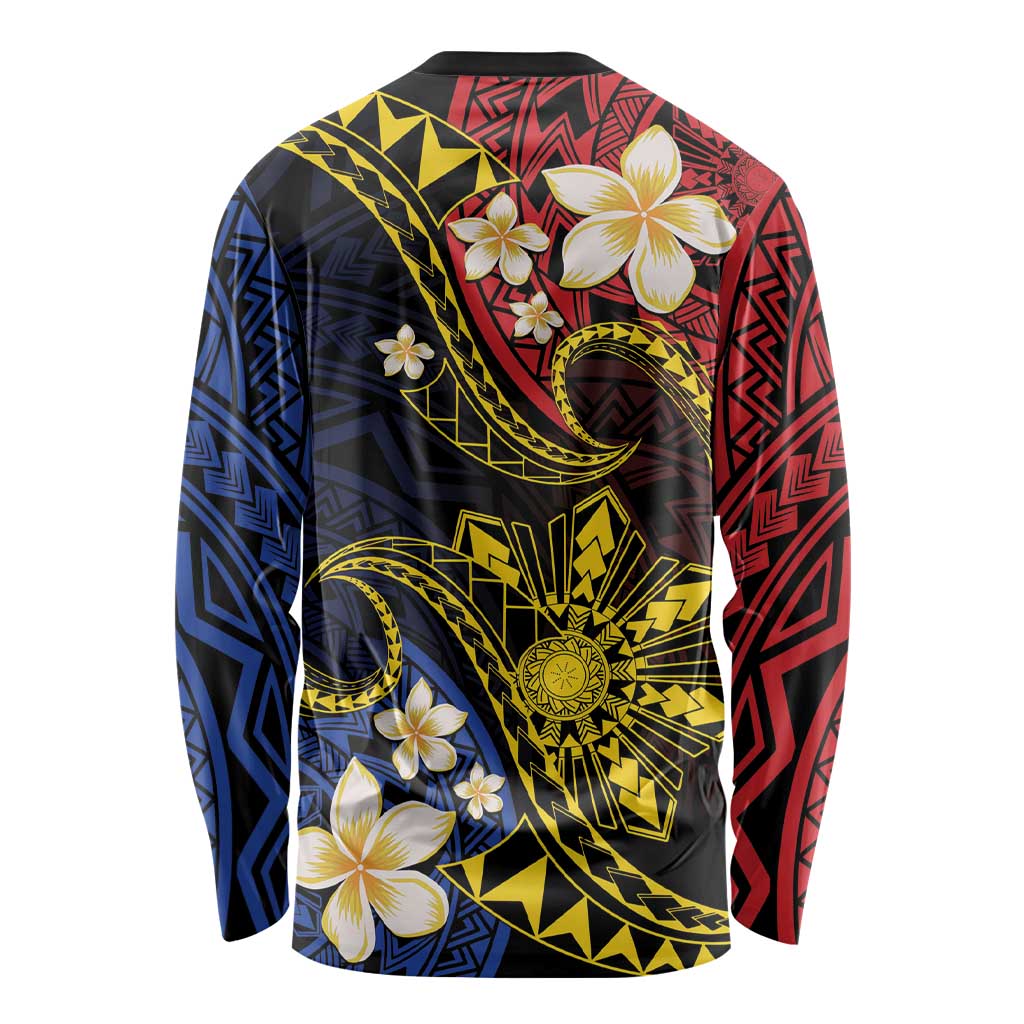 Philippines Spirit Tribal Sun Plumeria Long Sleeve Shirt Red And Blue Polynesian Pattern LT01 - Polynesian Pride