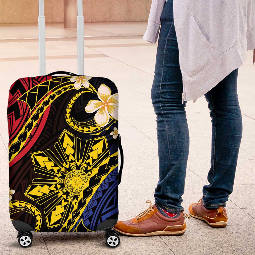 Philippines Spirit Tribal Sun Plumeria Luggage Cover Red And Blue Polynesian Pattern LT01 Black - Polynesian Pride