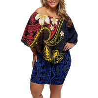 Philippines Spirit Tribal Sun Plumeria Off Shoulder Short Dress Red And Blue Polynesian Pattern LT01 Women Black - Polynesian Pride
